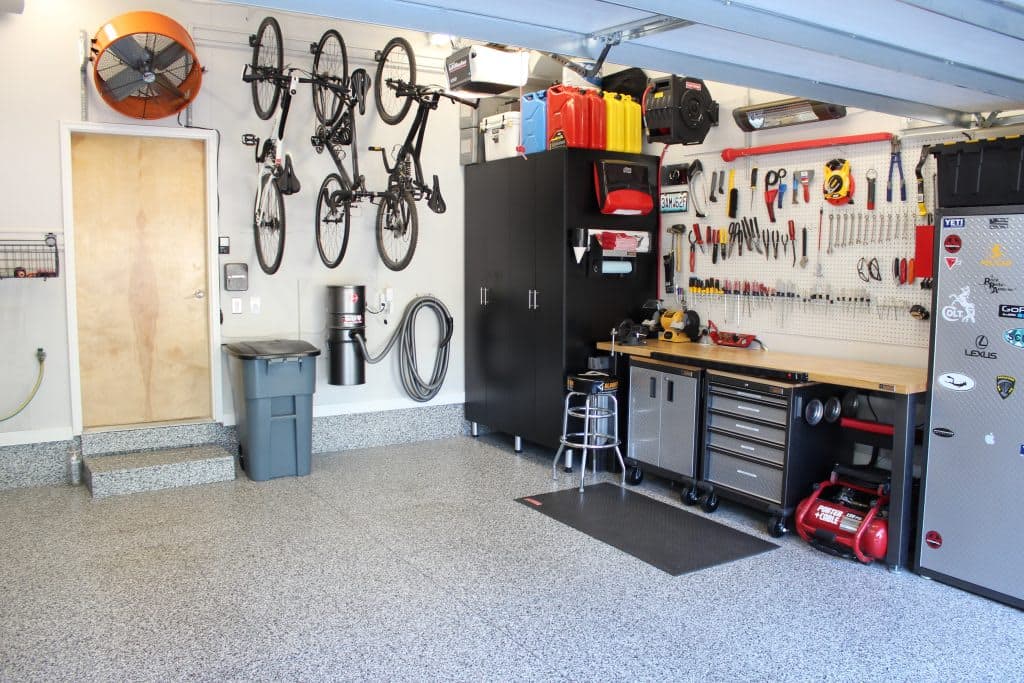 Commercial epoxy floor coating in industrial workshop